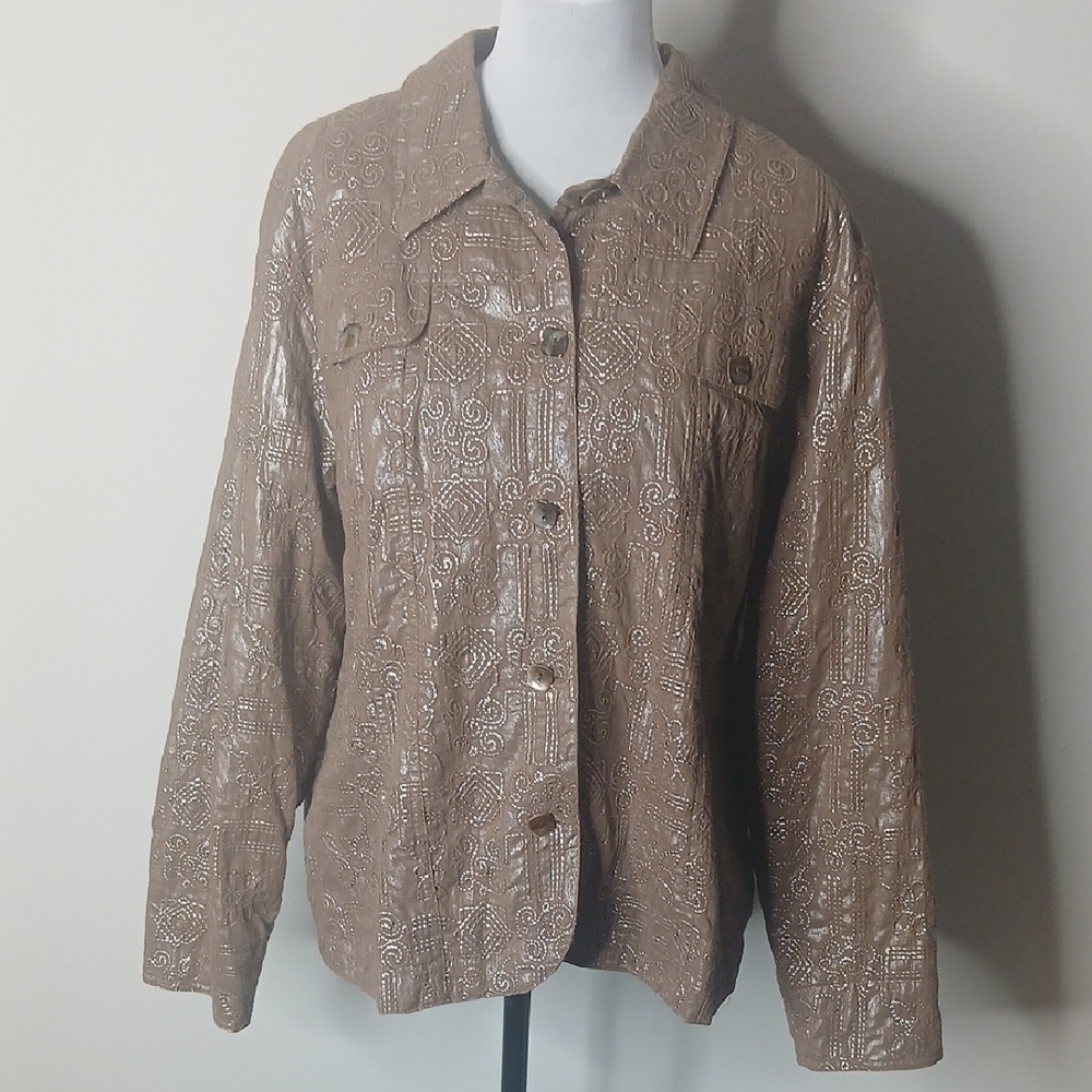 ColdWater Creek Taupe Shimmer Embroidered Cotton Blazer Size PXL
